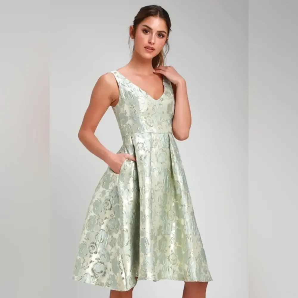 Lulu’s Women’s Small Metallic Gold Green Sleeveless Midi Dress With Pockets - Picture 1 of 6